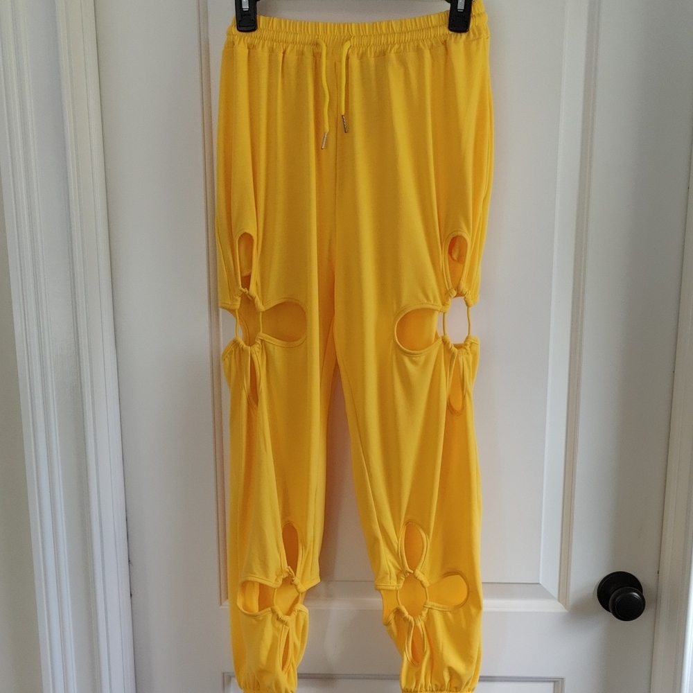 Yellow women Drawstring Joggers With floral opening